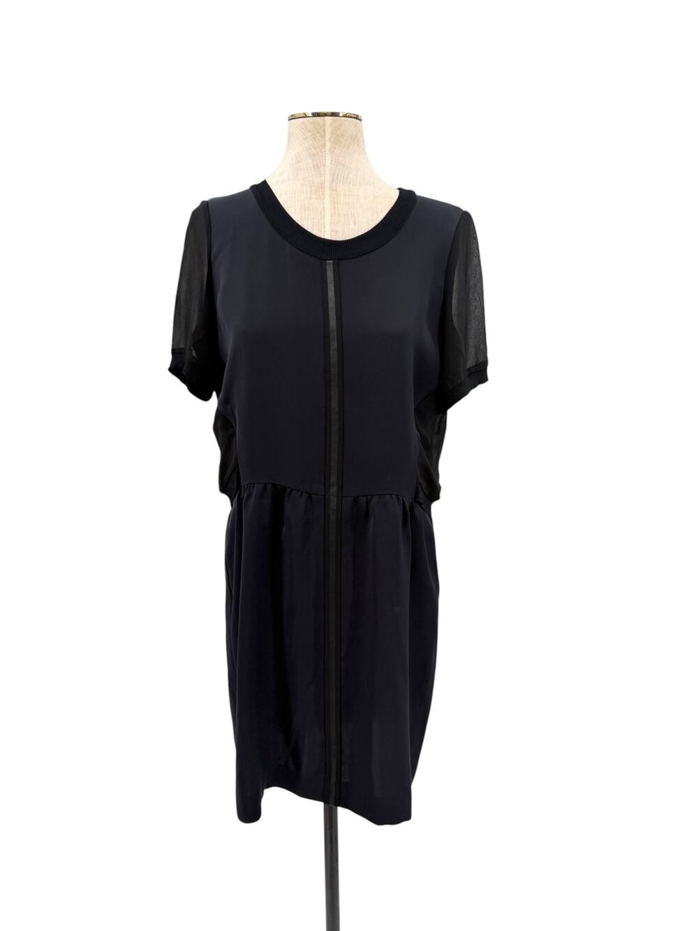 The Kooples Black Navy Sheer Sleeve Lambskin Leather Trim Drop Waist Dress XL